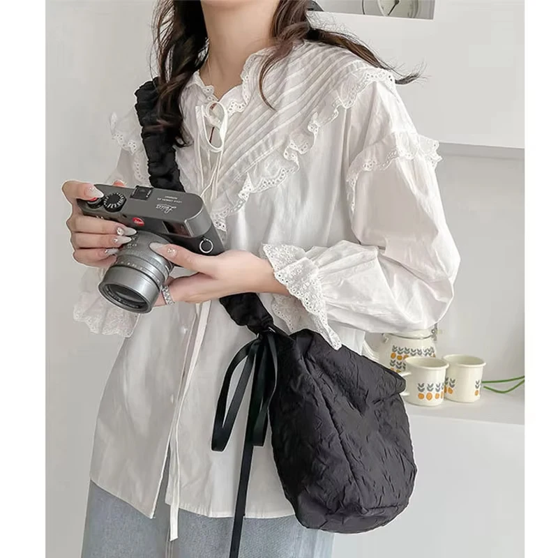 Autumn New Vintage Long Sleeve Lace Blouse Sweet Hollow Out Lace Up Loose Button Blouses Elegant Ruffle Women's Shirt 9580