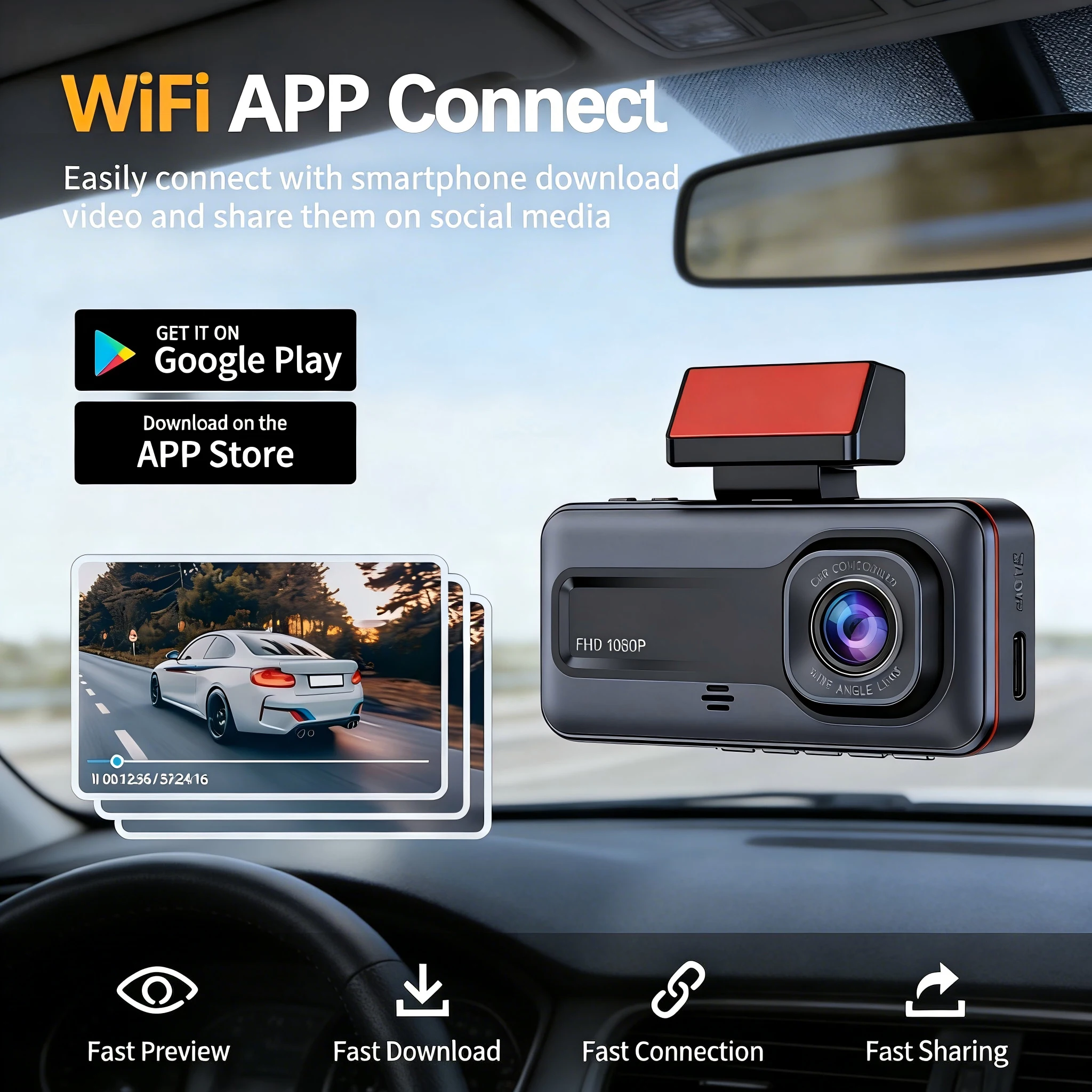 Cámara DVR para Auto de 3 Canales 1080P WiFi, Grabador de Video de Tres Vías con Vista Frontal, Trasera e Interior, Visión Nocturna, Grabación en Bucle, Caja Negra