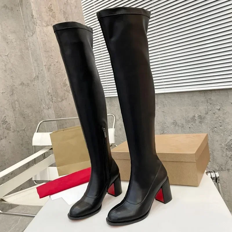 Autumn Winter New Size 34-41 Shoes for Women Natural Kid Suede Chunky Heels Over-the-Knee Long Boots Round Toe Designer Shoes