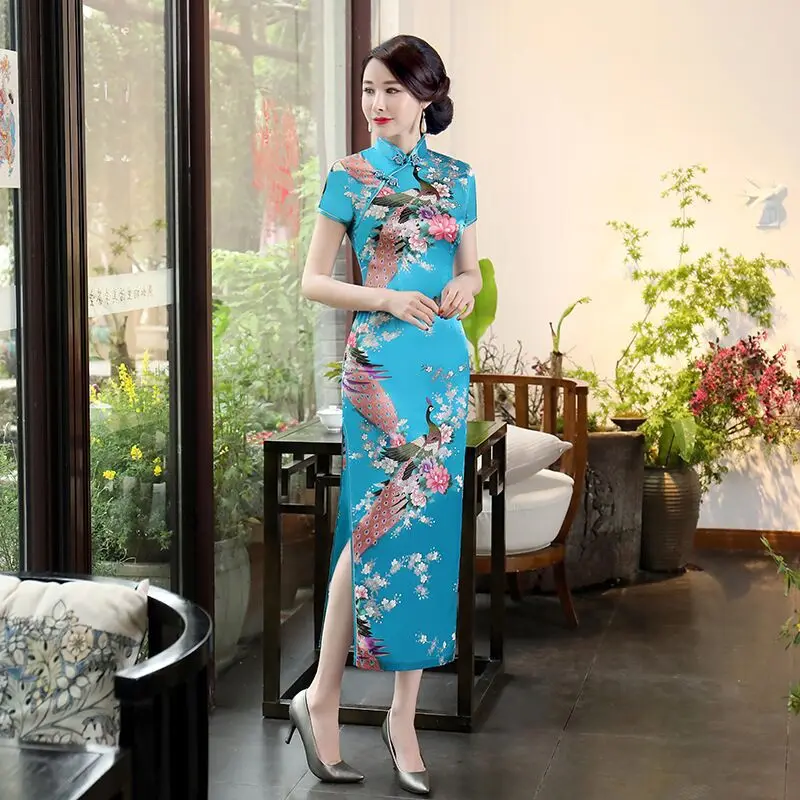 1pcs/lot woman Chinese cheongsam peacock print long dress lady frog button qipao