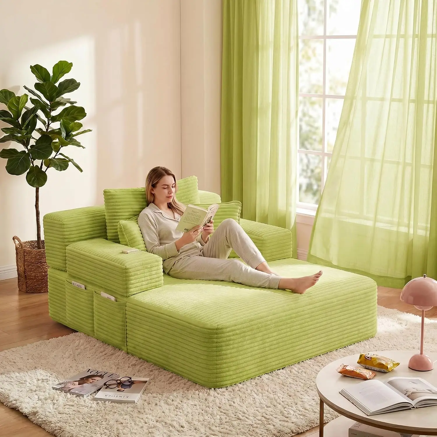 Oversized Chaise Lounge Chair Indoor, Upholstered Single 69''Convertible Sofa Bed with Storage Pocket, Frameless, Customized