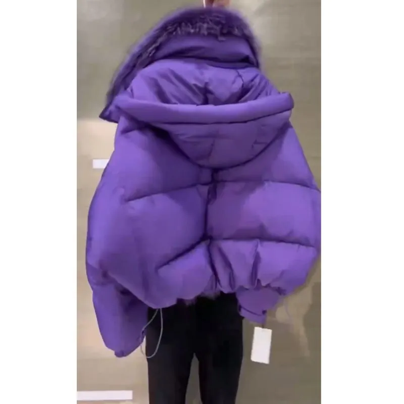 2025 Winter New Korean Version of Purple Hooded Fur Collar Cotton Jacket Loose Slimming Jacket