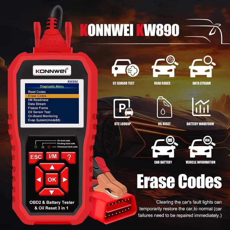 KONNWEI KW890 Professional Battery Tester Oil Reset OBD2 Scanner Car Professional Battery Tester Analyzer Engine Check Code Read