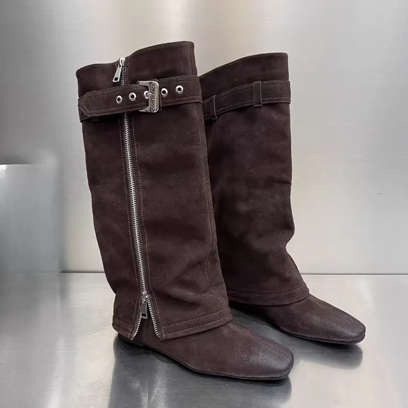 Square Toe Low Heel Women's Fashion Metal Buckle Side Zip Knee Length Shoes