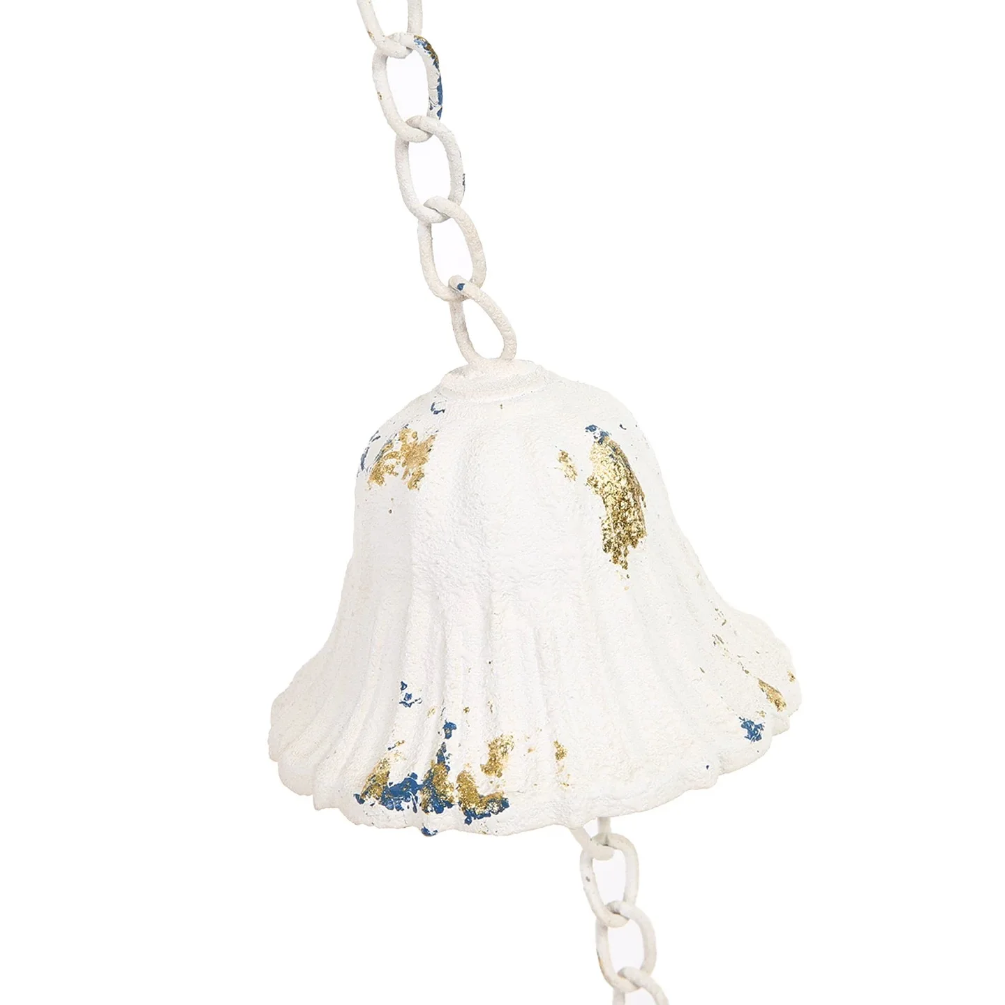 Decorative Bird Bell Wind Chime, Distressed White with Blue and Gold Accents, Metal Iron