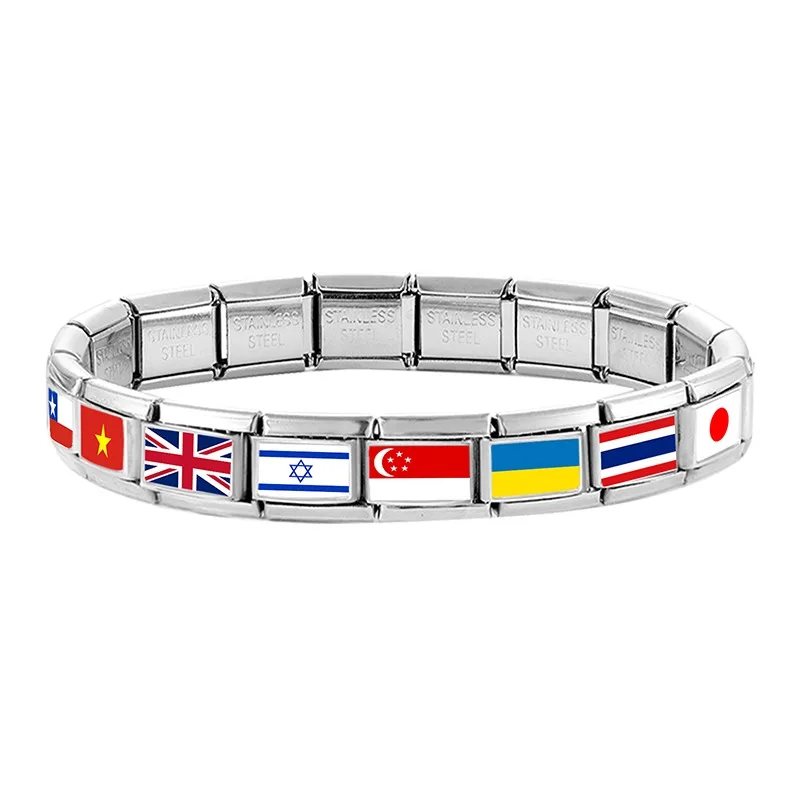Wholesale 2025New Stianless Steel World National Flag Colorful Italian Charm Fit 9mm Bracelet Link Hand Chain DIY Making Jewelry image 4