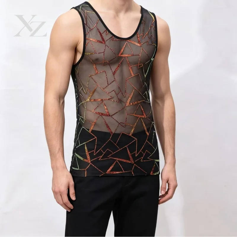 Hot Sale Black Sheer Mesh Sleeveless Tank Top for Men – Full Irregular Geometric Glitter Sequins Slim Fit See Through Club