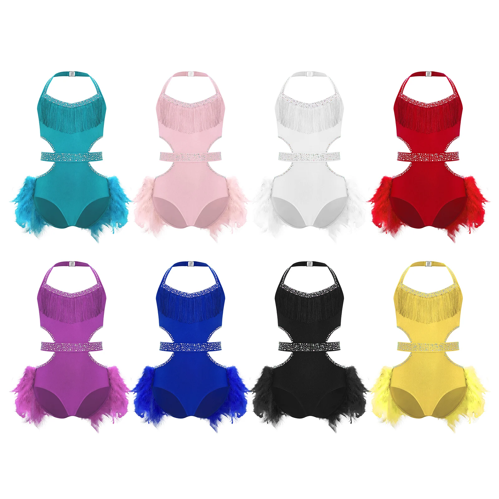 

Kids Girls Latin Dance Performance Costume Halter Sleeveless Cutout Sparkly Rhinestones Bodice Feather Skirted Leotard