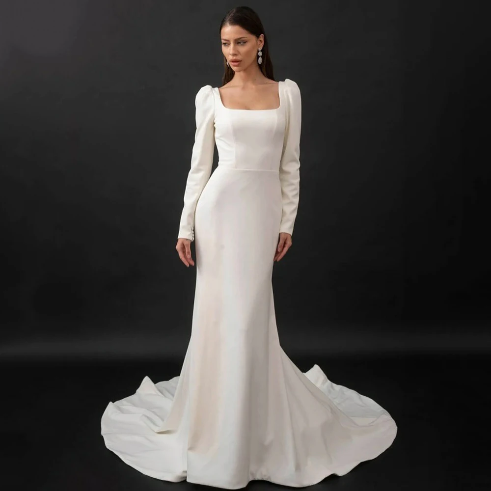 Vestidos de casamento civil para noivas gola quadrada mangas compridas nupcial crescido vestidos de novia sem costas vestidos de noivas personalizados