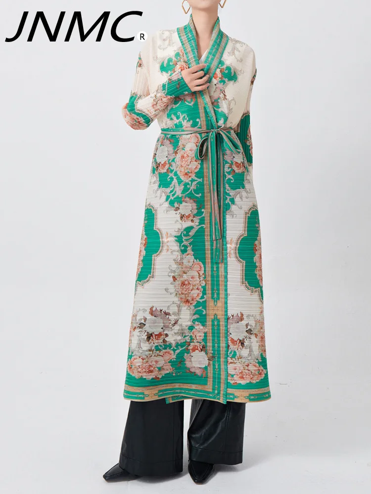 

JNMC Elegant And Fashionable Lapel Tie Green Printed Long Sleeved Cardigan Dress For Women 2024 Spring Autumn New Item