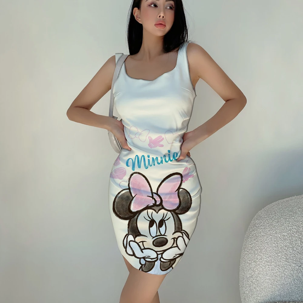 

2022 New Disney Minnie Print Skinny Sling Mini Dress Summer Casual Stretch Ladies Dress Club Streetwear Y2K