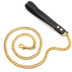 Luxury 18K Gold Dog Chain Leash with Genuine Leather Handle Strong Stainless Steel Miami Cuban Link Pet Leash for Large Dogs