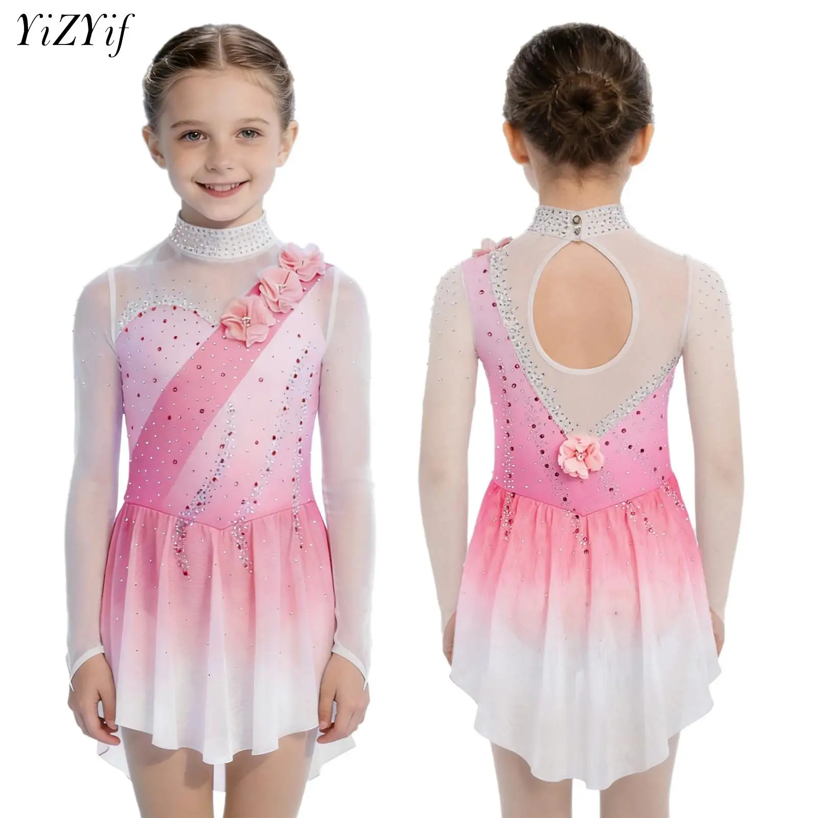 

Детский костюм для фигурного катания для девочек, художественная художественная гимнастика, костюм для выступлений с длинными рукавами, цветами и стразами, балетное танцевальное платье