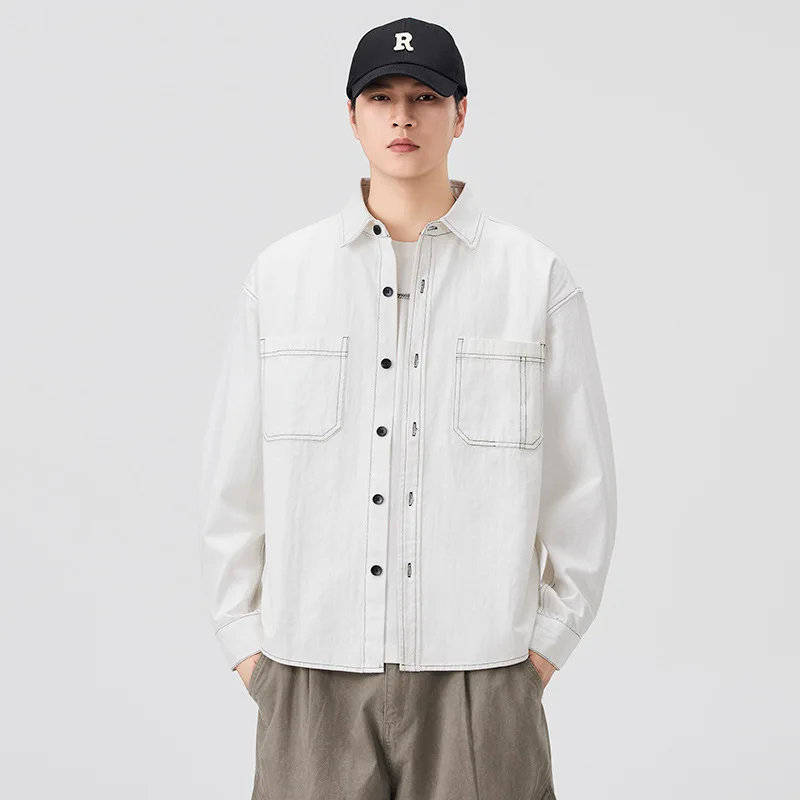 

Men'S Shirt Spring Autumn Loose Casual Versatile Top American Style Trendy Solid Color Long Sleeve Shirt