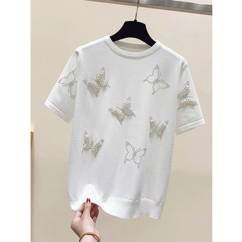 Clothes for Women Summer Fashion Rhinestone Beaded Chic Ice Silk Knitted T-shirt Elegant O Neck Short Sleeve Loose Pullover Tops