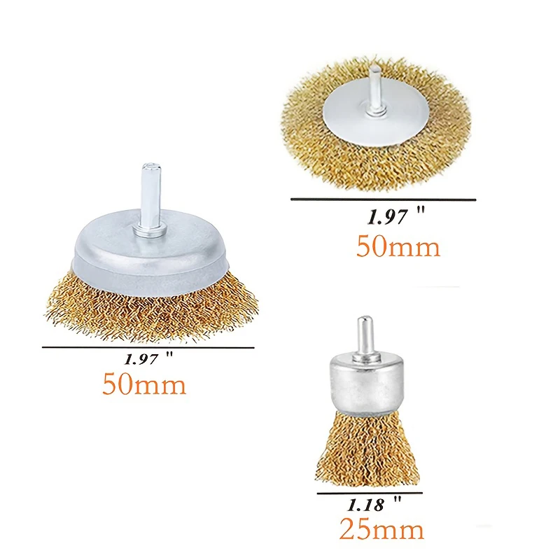 Set of 3 Wire Wheel Brushes for Drills, featuring coated brushes with a 1/4-inch shank, including cup and tube brushes designed