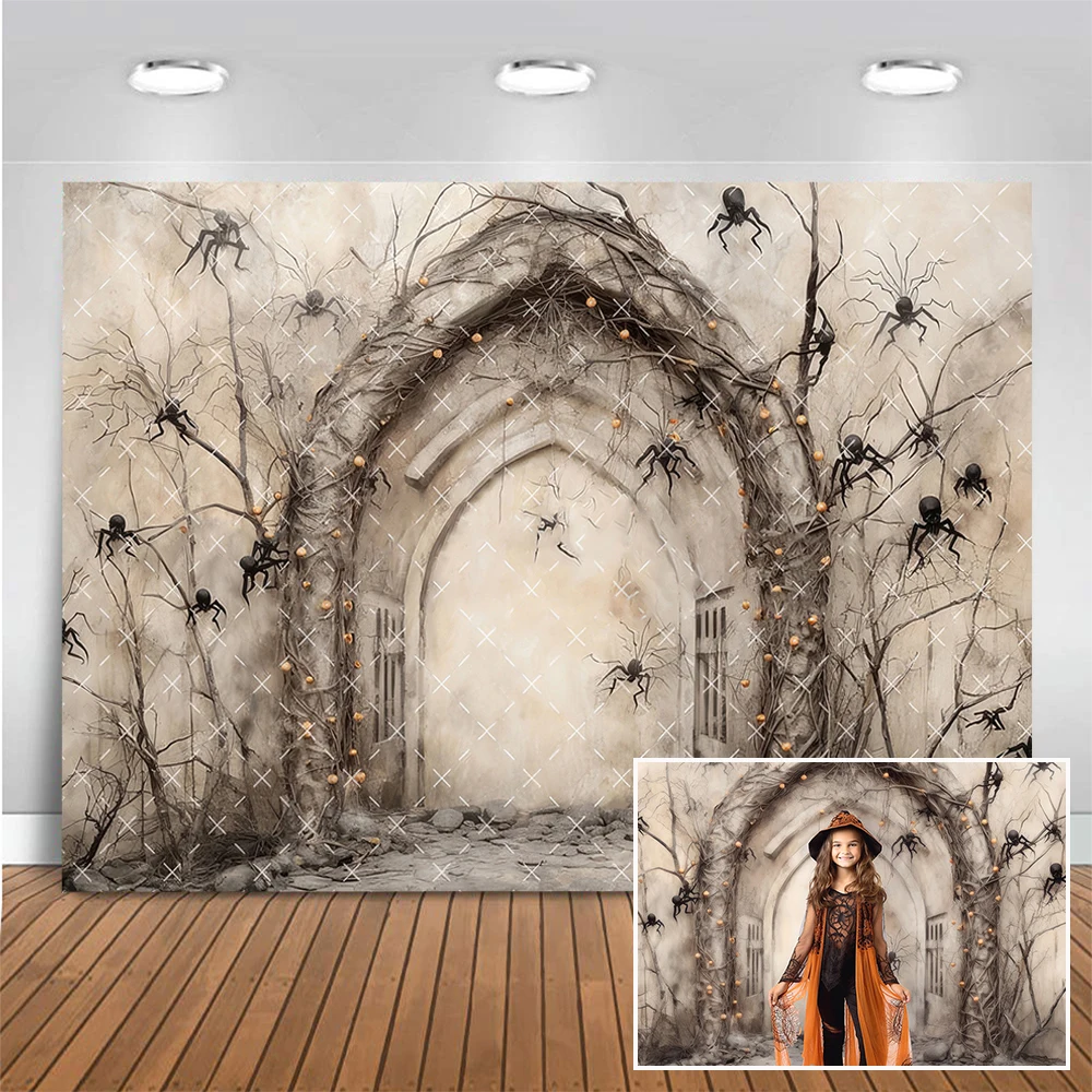 

Halloween Arch Background Black Spider Withered Tree Photo Banner Studio Props Adult Kids Portrait Photography Backdrop