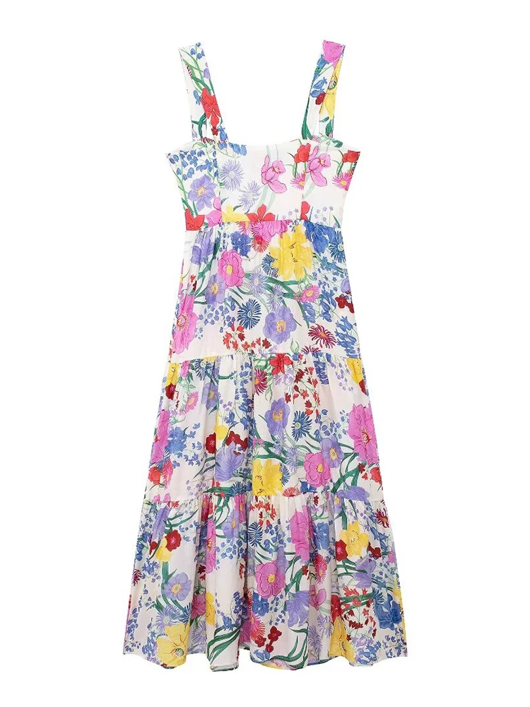 TRAF-vestido Midi con tirantes finos para mujer, camisola con estampado de flores, para vacaciones de verano, 2024