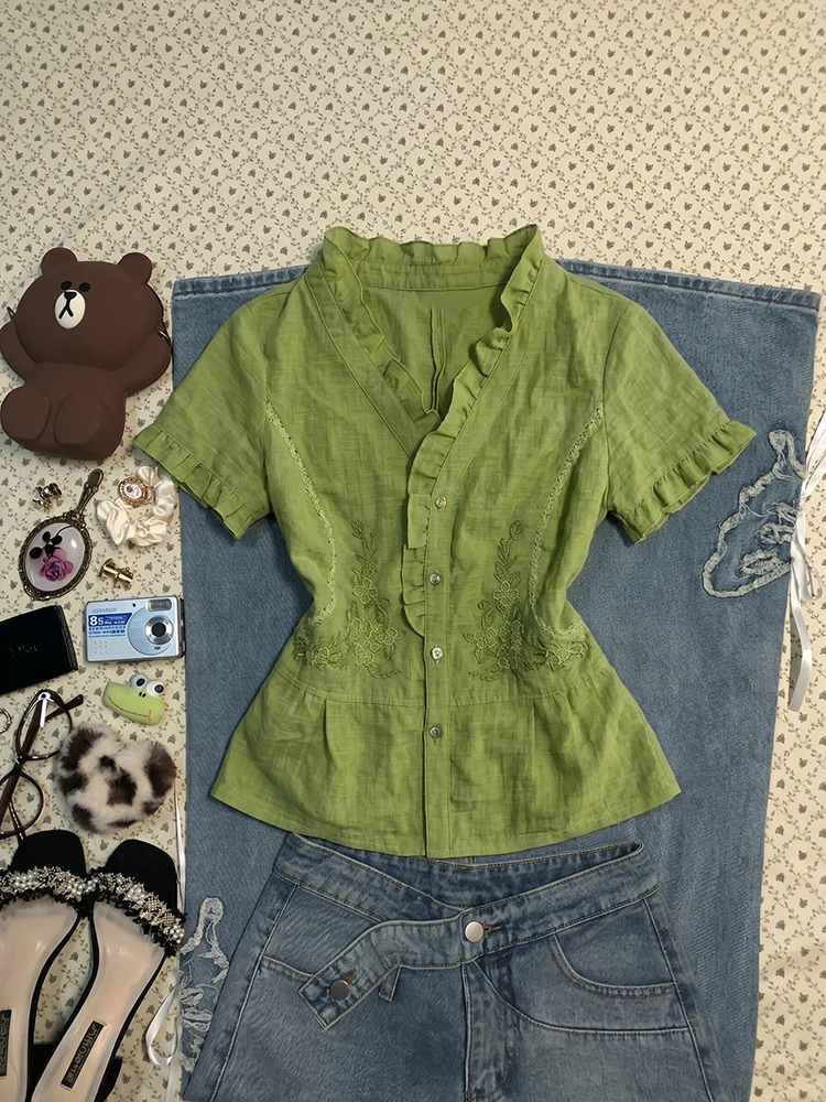

Princess Style Short Sleeve Embroidered Shirt Women's Original Green Floral Waist Cinching Slimming Top for Summer