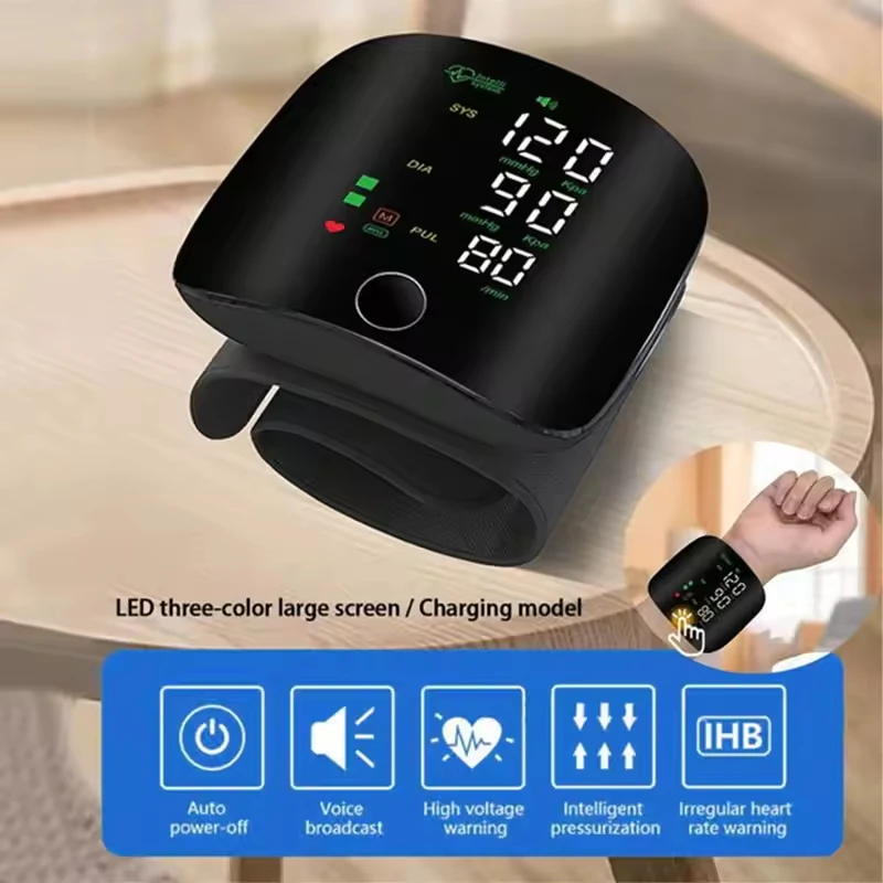 Monitor de presión arterial por voz de muñeca pantalla LED medición rápida tensiómetro Digital BP tonómetro ritmo cardíaco USB recargable