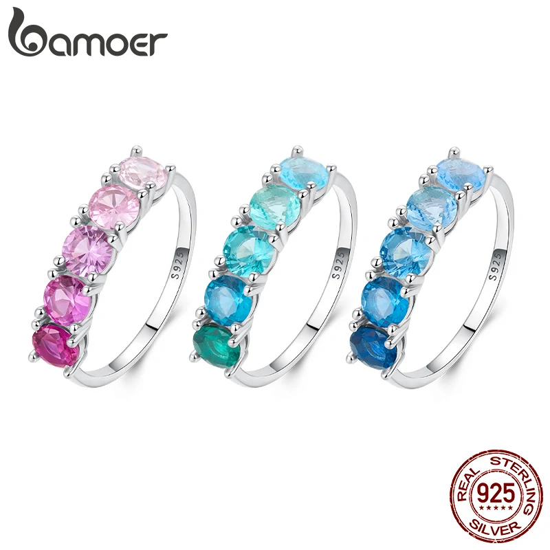 BAMOER 925 Sterling Silver Transparent Gradient Pink Ring Sea Blue Half Eternity Paved CZ Ring for Women Sweet Birthday Gift