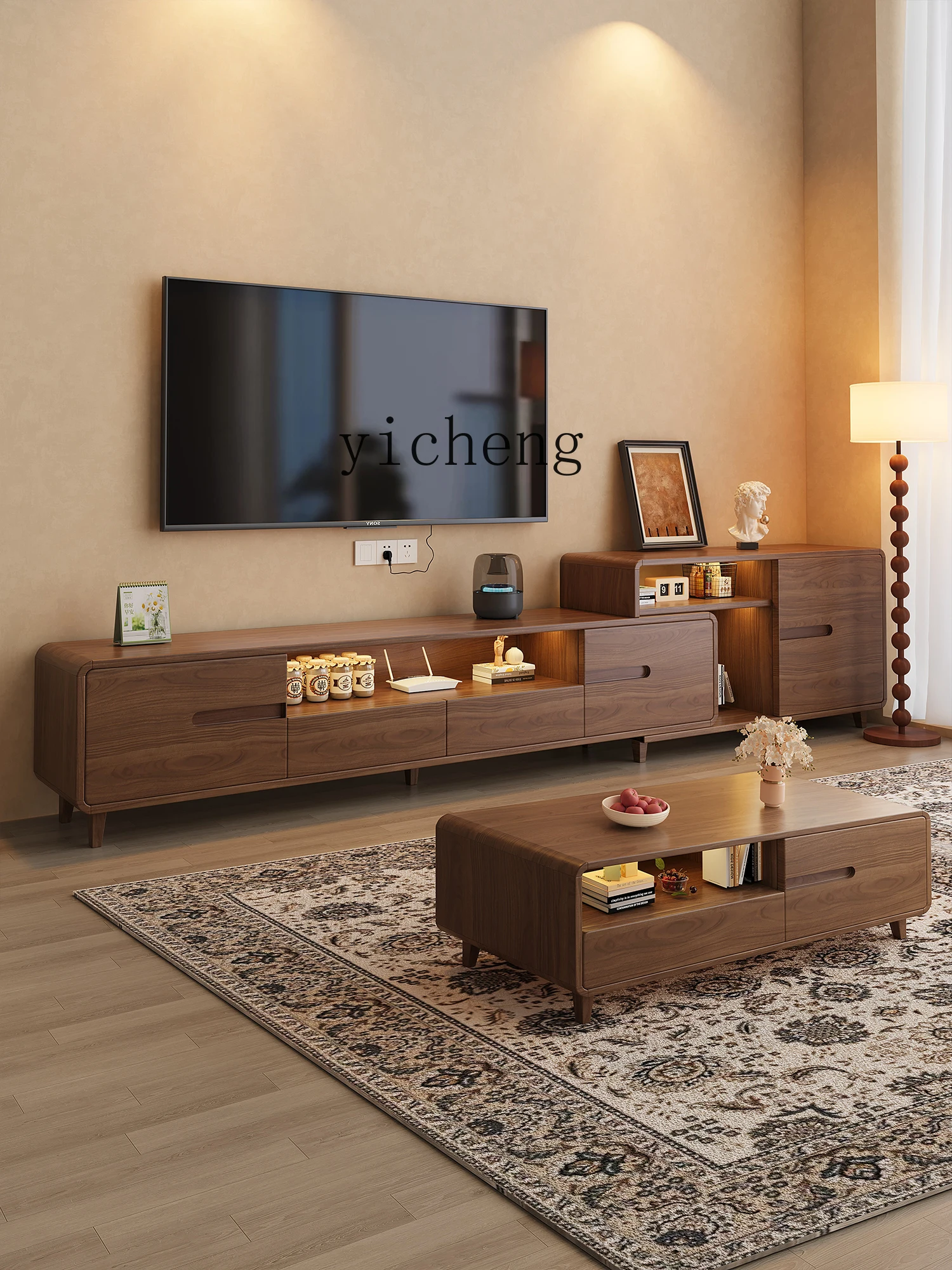 ZYA TV Living Room Storage Cabinet Small Apartment Integrated Extendable Coffee Table TV Cabinet Set