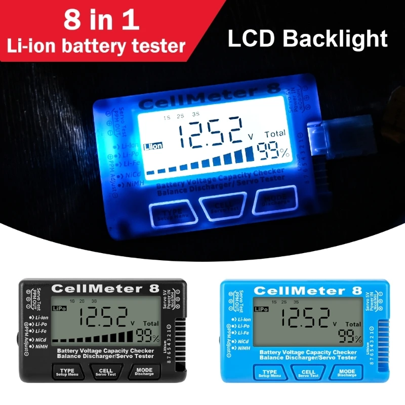 High Quality RC CellMeter 8 1-8S Battery Capacity Voltage Checker Meter LiPo Li-lon NiMH LCD-Digital Battery Tester Meter