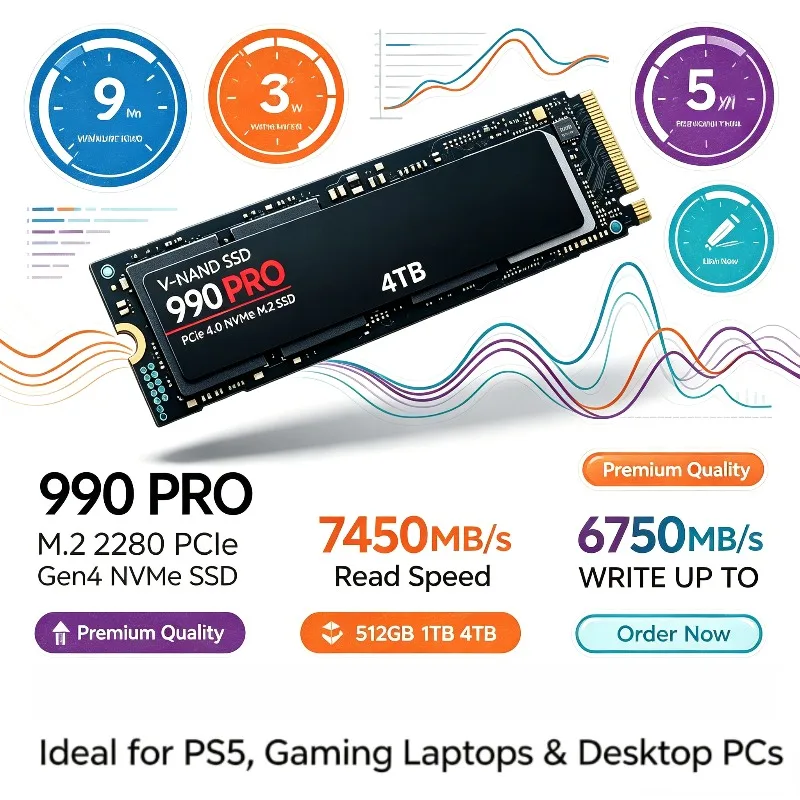 Original 990 PRO PCIe Gen4 SSD, M.2 2280, 512GB/1TB/2TB/4TB Optionen, 7450MB/s Lesegeschwindigkeit für PS5-Speicher-Upgrade, Gaming-Laptops & PCs.