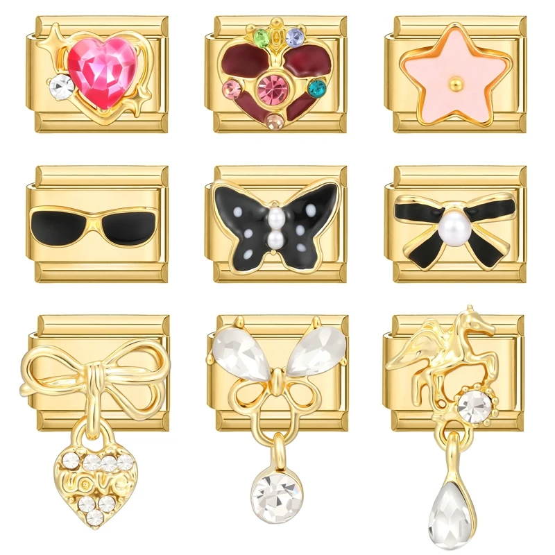 الذهب اللون الصليب القلب القوس فراشة الكرز الزركون اللؤلؤ الإيطالية سحر الروابط صالح 9 مللي متر الفولاذ المقاوم للصدأ سوار النساء DIY صنع #2