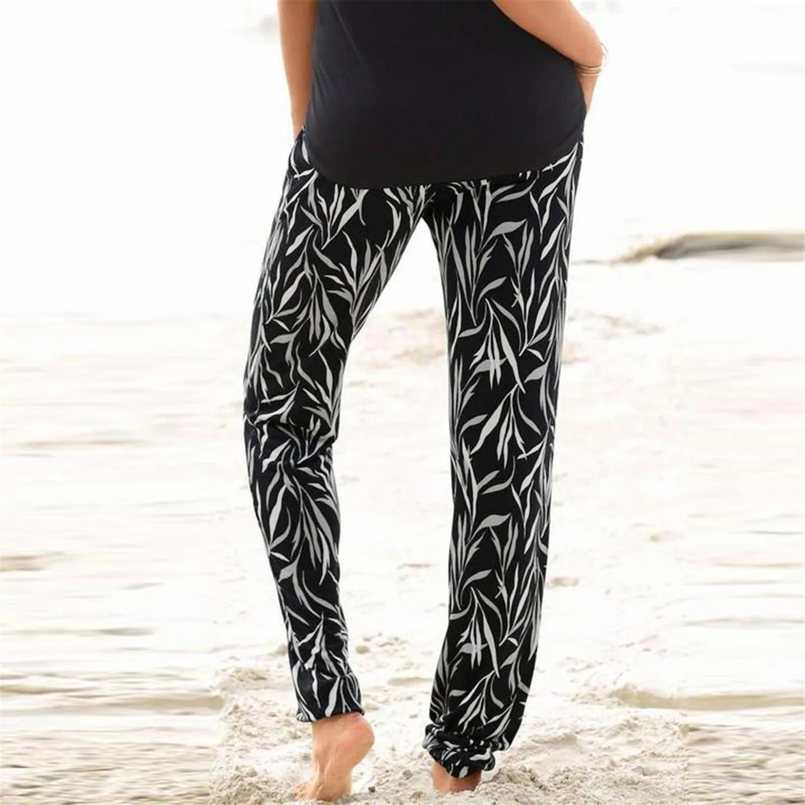 Pantalon de plage taille haute avec poches pour femme, imprimé, style FjBoho, long, élastique, décontracté, à la mode