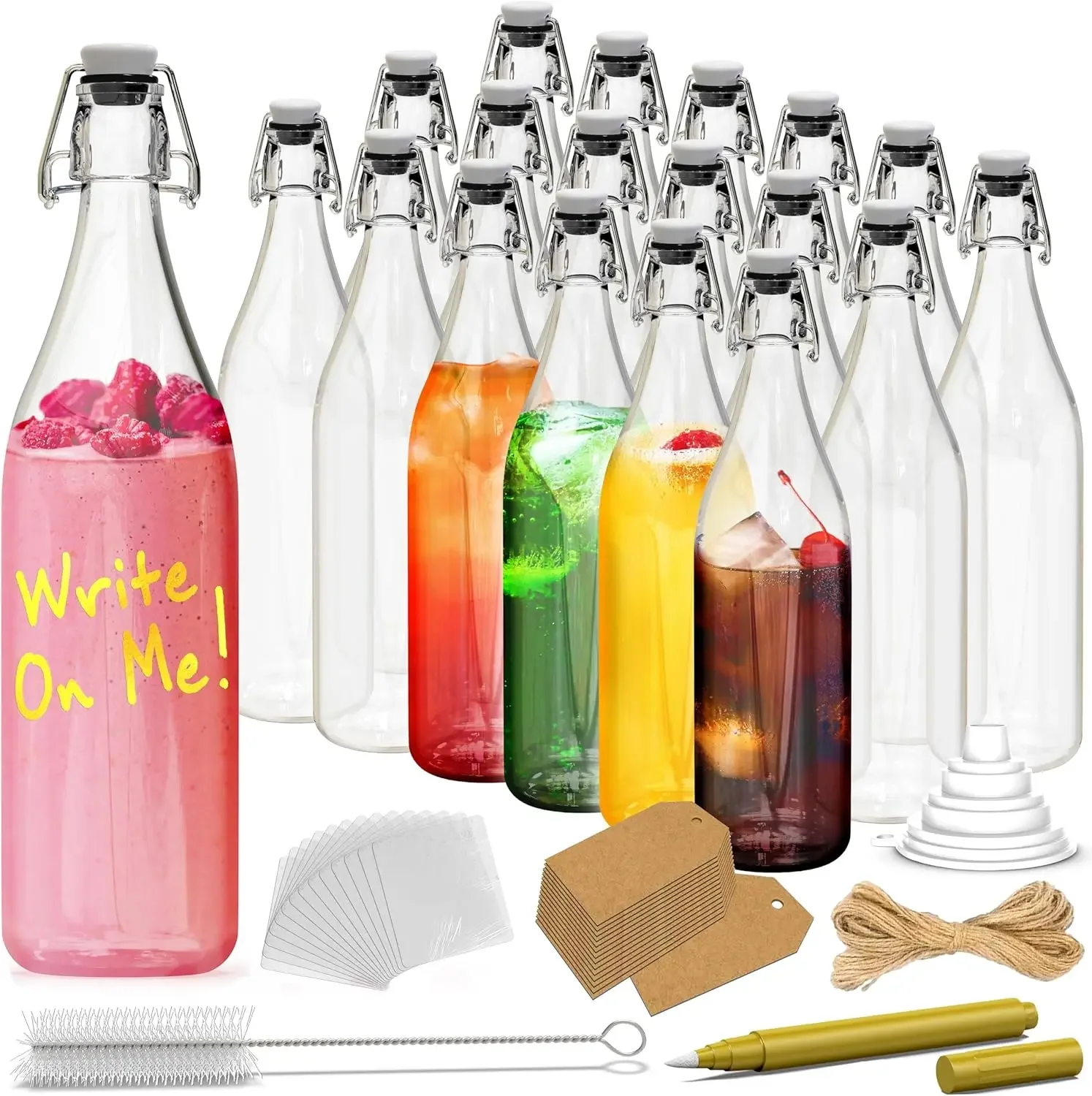 

33 Oz Glass Bottles with Airtight Lid | 18 Pack Clear Swing Top Glass Bottles w/Shrink Wrap, Tags & More | Wine Bottles