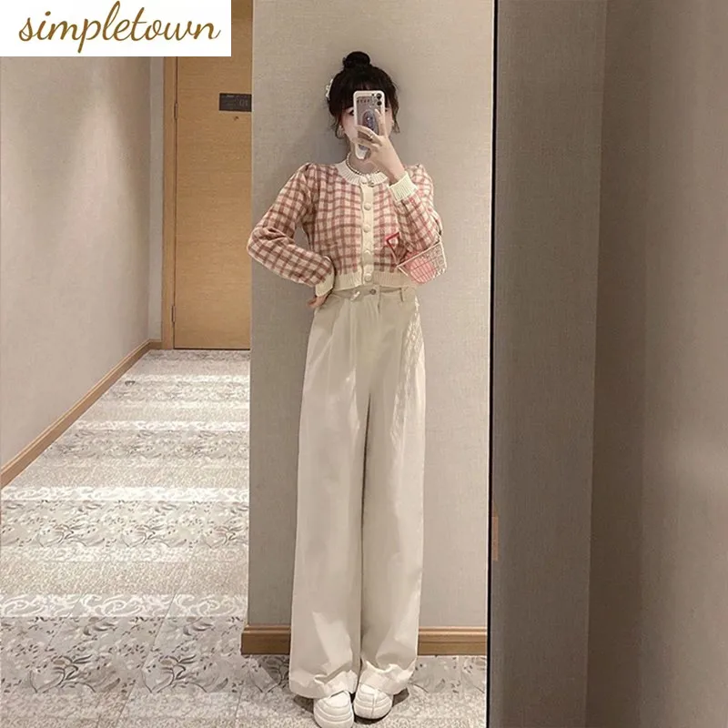 

2023 Autumn/Winter New Two Piece Set Plaid Long Sleeve Sweater Coat Fashion Denim Wide Leg Pants for Women