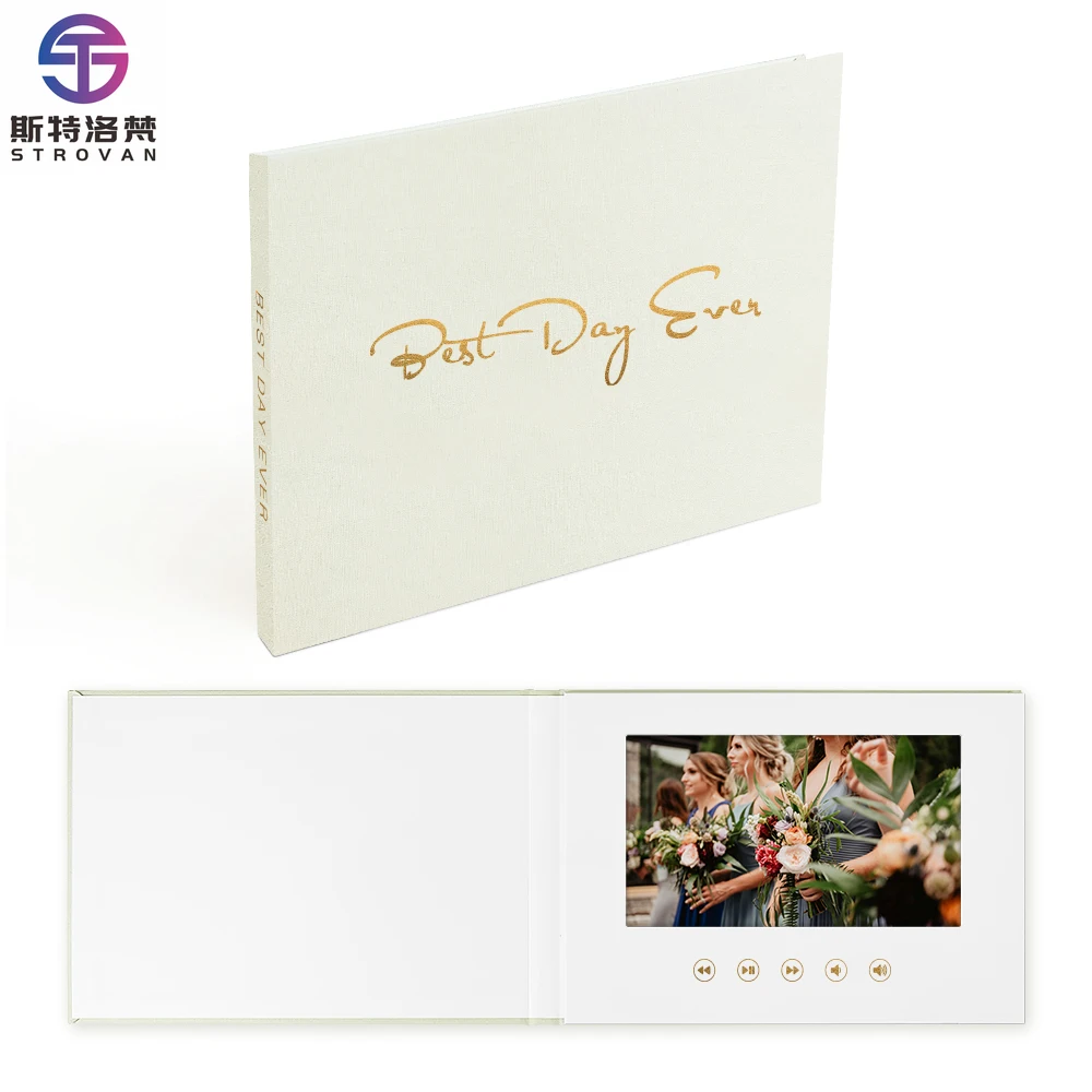 Gold Foil Linen Video Book Play Video and Photo with 7 Inch Display Wedding Photo Album Christmas Greeting Card