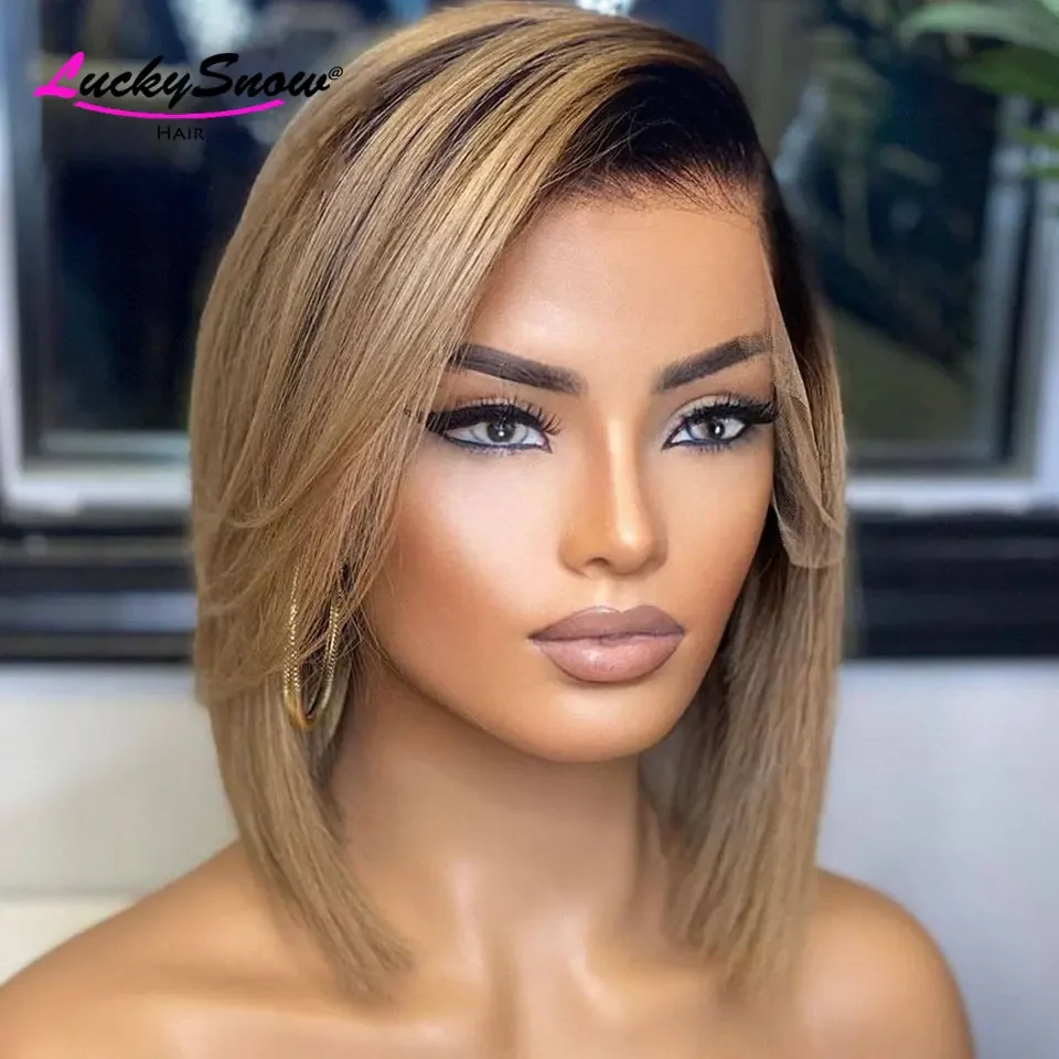 Cosplay Colored 1B Purple Straight Short Bob Brazilian Human Hair Wig Transparent 13x4 Lace Frontal Wigs For Women Pre Plucked