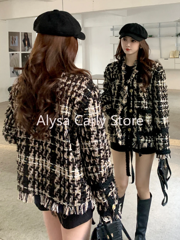 2023 Winter Tassel Woollen Jacket Women Casual Warm Loose Plaid Korean Style Coat Female Fashion Office Lady Elegant Jackets Y2k