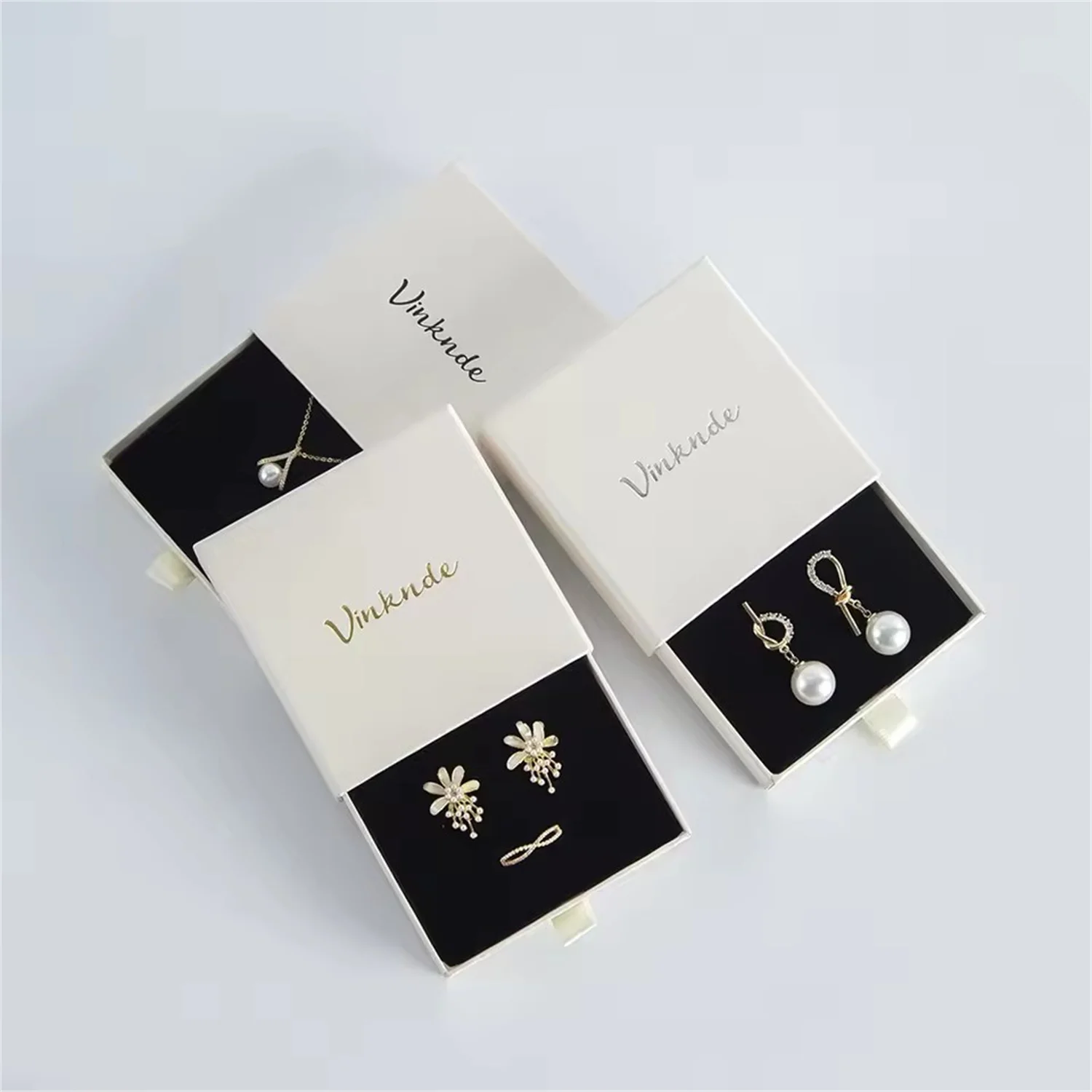 

30Pcs Beige Jewelry Box Drawers Sliding Earrings Boxes Custom Logo Jewellery Organizer Ring Necklaces Bracelets Gift Case Bulk