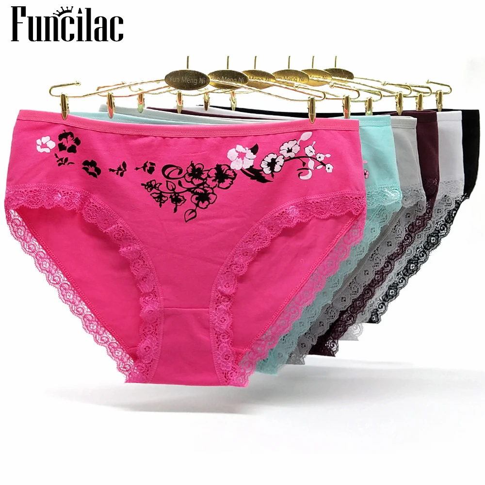 

Plus Size Underwear Women Sexy Lace Briefs Print Panties Cotton Crotch Mid-Rise Lingerie 2XL-4XL 6 Pcs/lot