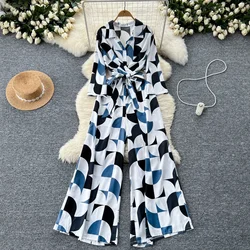 Chic Vintage Polo neck Single Breasted Print Top Jumpsuit Beach Elegant Casual Wide Leg Pants Summer Women Playsuit