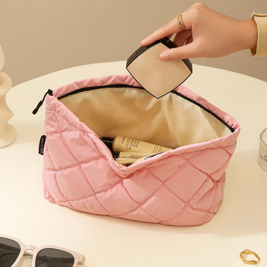 New Puffy Cosmetic Bag Embroidery Fluffy Travel Toiletry Pouch Lightweight Quilted Makeup Bag Soft Nylon Zipper Pouch