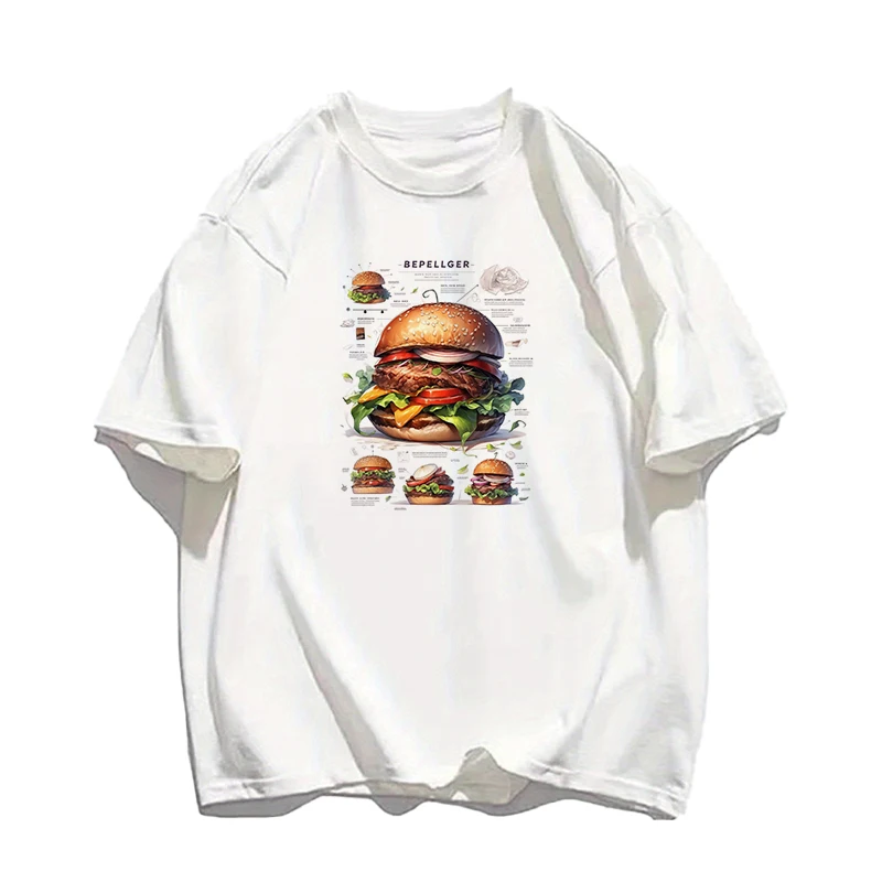 Ladies' 100% Pure Cotton T-shirt With Fun Burger Tower Print Pattern Top Casual And Comfortable Cotton T-shirt Summer Outdoor