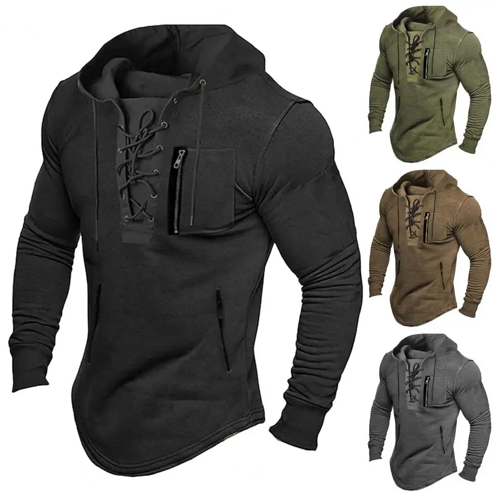 Fall Spring Men Top Mid Length Lace Up Drawstring Men Hoodie Solid Color Long Sleeve Zipper Pockets Pullover Top