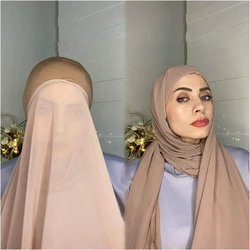 Bolha Pesada Hijab Chiffon Com Bonnet Corda Elástica Uso Livre Estilo Hijabs Soldado Cor Xales Para Mulheres Muçulmanas Pinless Turbante