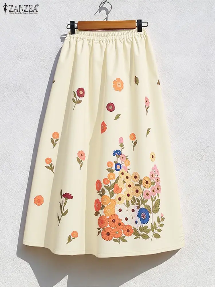ZANZEA Bohemian Elastic Waist Jupes Women Autumn High Waist Pleated Floral Print Casual Faldas Saia Loose Long Maxi Bottoms