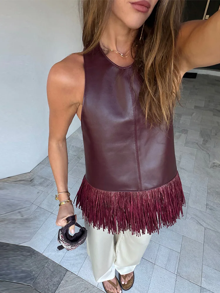 Faux Leather Fringe Ptachwork Halter Top Women Casual Solid Sleeveless Backless Female Tank 2026 Summer Chic Lady Tops New