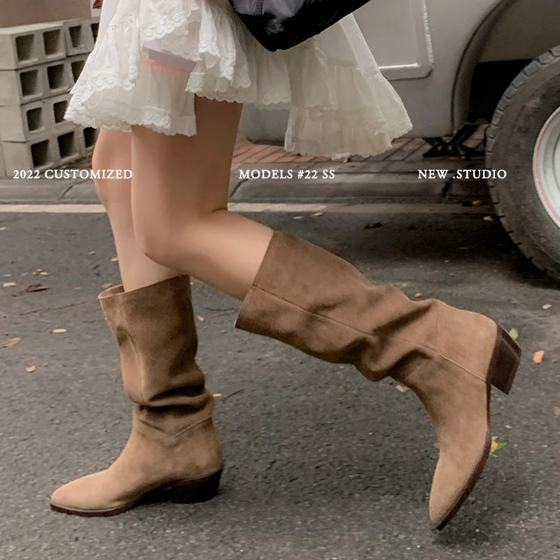 Cow Suede Daily Botas Spring Autumn Handsome Woman Boots Large Girth Western Boots Woman Slip On Simple Pleated Mid-Calf Shoes