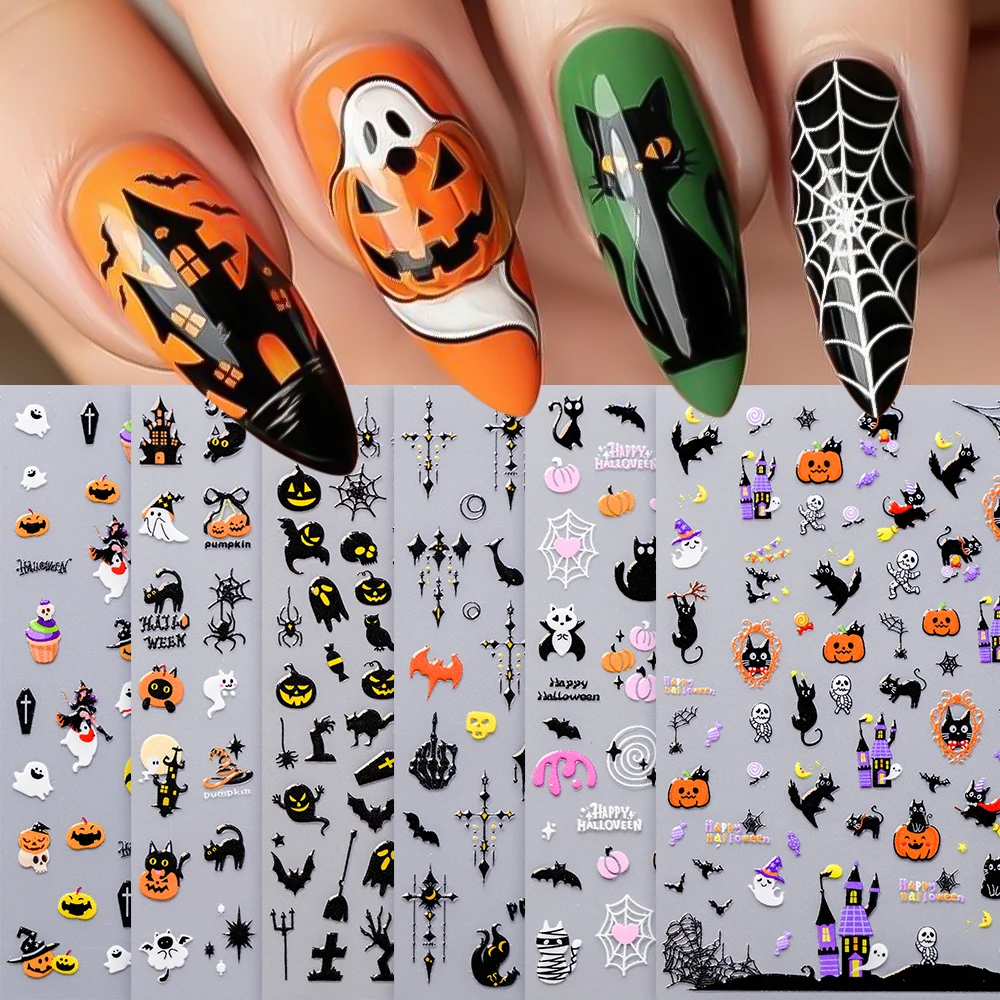 1PC 5D Halloween Nail Art Decalcomanie Gatto Nero Zucca Fantasma Modello Adesivo Slider Adesivi 10X8 cm FAI DA TE Scuro Halloween Nail Sticker