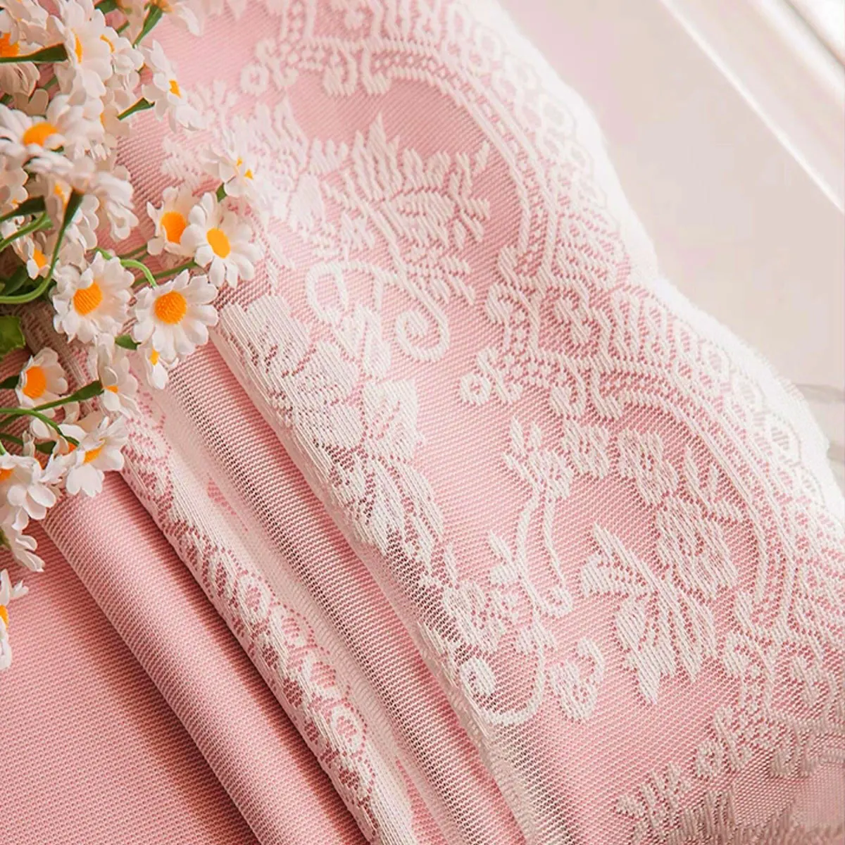 2 Panels Cherry Pink Lace Double Layer Pinch Pleat Curtains, French Princess Cream Sweet Style, Dot Flocked Privacy Sheer Drapes