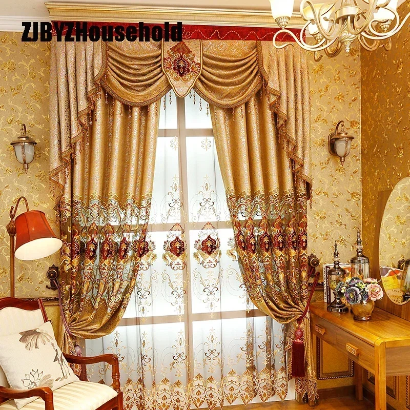 

Embroidered Gauze Window Golden Elegant Bedroom Curtains Valance for Living Room European Style High End Embroidery