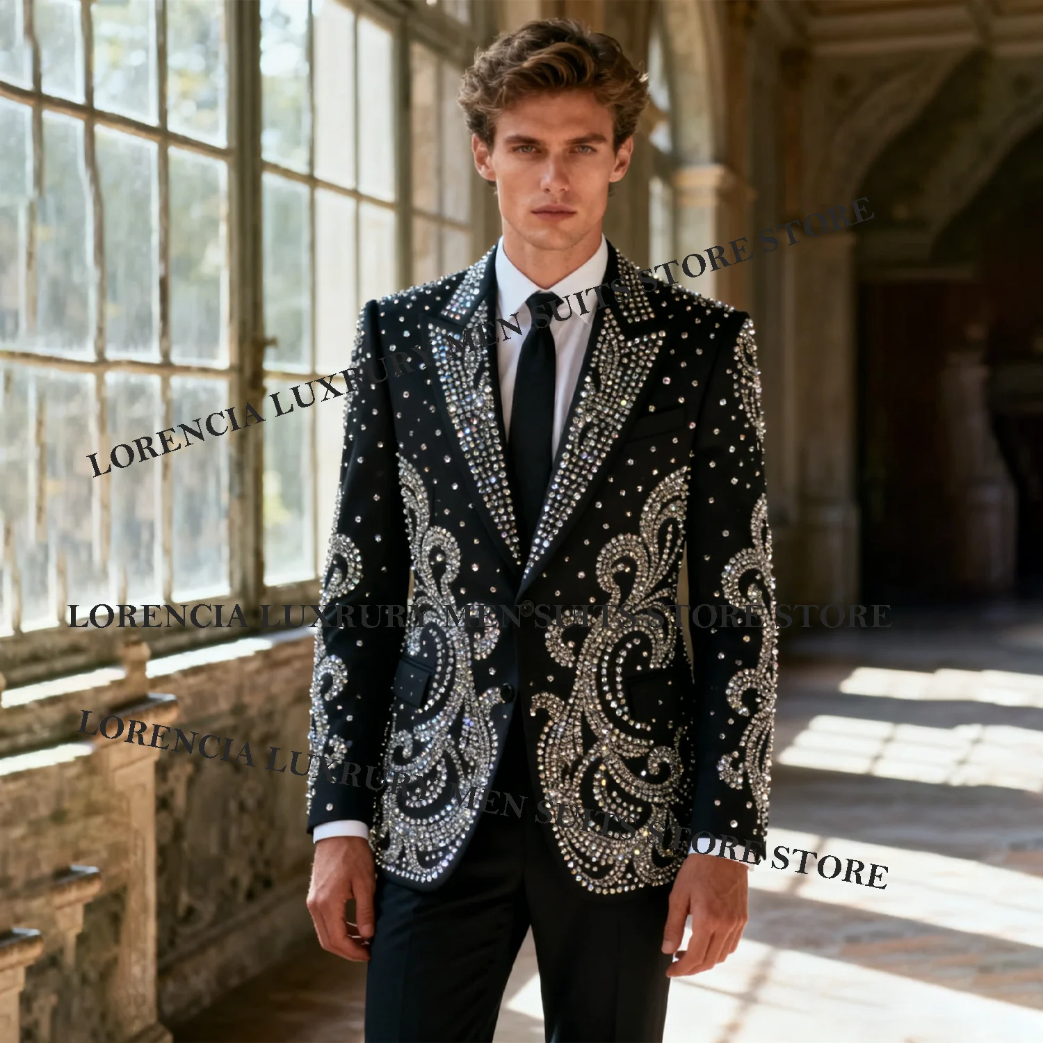 

Мужские роскошные костюмы, украшенные бриллиантами по индивидуальному заказу, комплекты из 2 предметов, мужские пиджаки для выпускного вечера, смокинги для жениха с остроконечными лацканами, Ropa Hombre