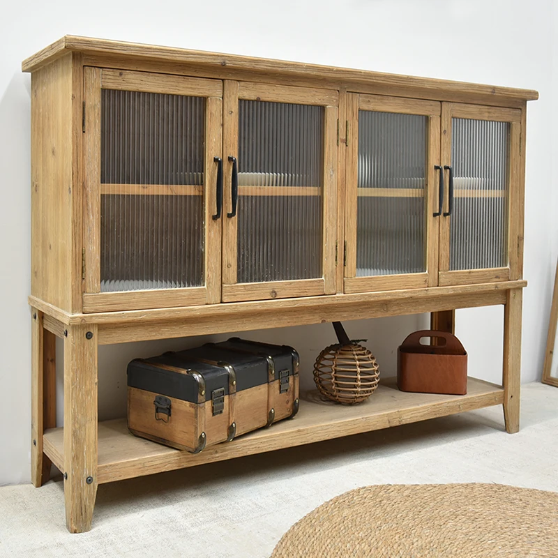 Home Solid Wooden Side Cabinet High Quality Natural Rustic Long Sideboard Glass Door Home Furniture Living Room Entry